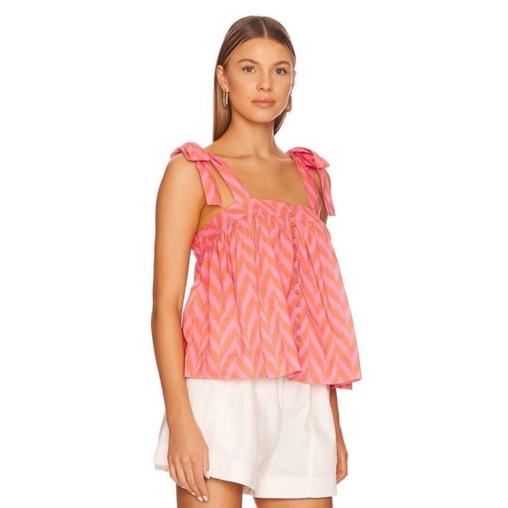 NWT Ulla Johnson Iris Square Neck Tank Top 0 Pink Orange Geometric Tie Shoulder